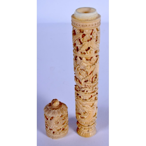 1676 - A 19TH CENTURY CHINESE CANTON IVORY NEEDLE CASE AND COVER Qing. 14 cm long.