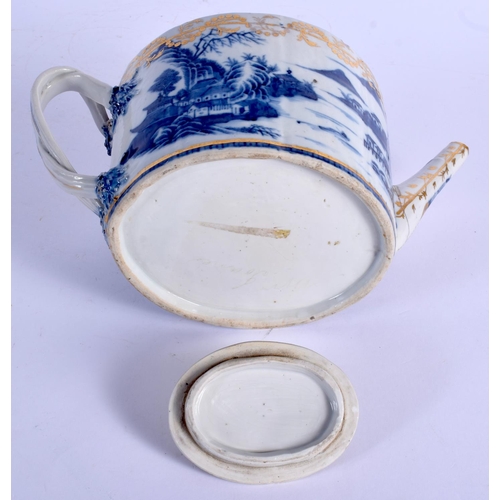 1688 - AN 18TH CENTURY CHINESE EXPORT BLUE AND WHITE TEAPOT AND COVER Qianlong. 22 cm wide.