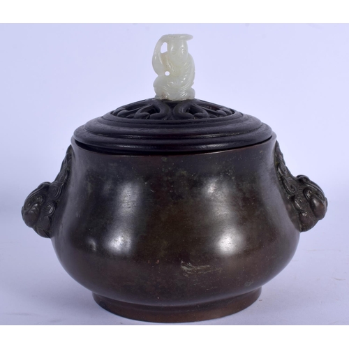 1740 - A 19TH CENTURY CHINESE BRONZE CENSER Qing, with jade and hardwood lid. 15 cm wide, internal width 9 ... 