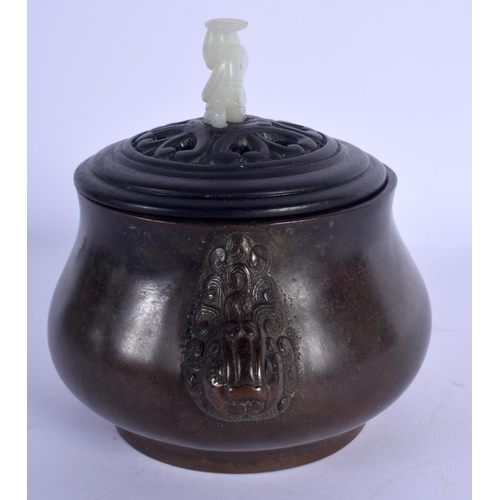 1740 - A 19TH CENTURY CHINESE BRONZE CENSER Qing, with jade and hardwood lid. 15 cm wide, internal width 9 ... 