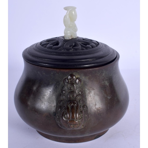 1740 - A 19TH CENTURY CHINESE BRONZE CENSER Qing, with jade and hardwood lid. 15 cm wide, internal width 9 ... 