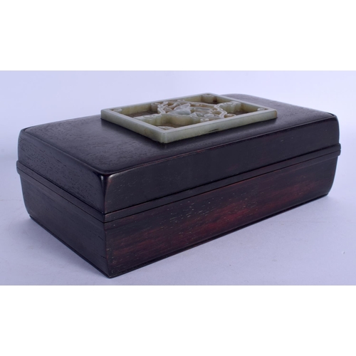 1741 - AN EARLY 20TH CENTURY CHINESE HARDWOOD AND JADE BOX & COVER Qing. 22 cm x 12 cm.