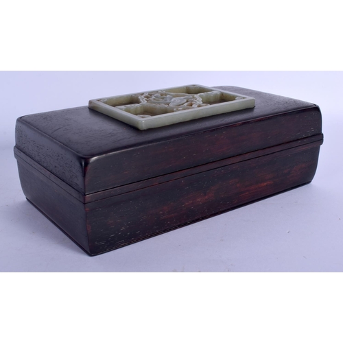 1741 - AN EARLY 20TH CENTURY CHINESE HARDWOOD AND JADE BOX & COVER Qing. 22 cm x 12 cm.