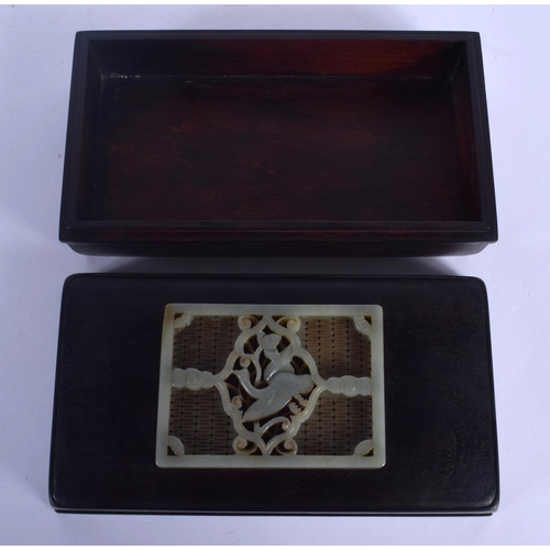 1741 - AN EARLY 20TH CENTURY CHINESE HARDWOOD AND JADE BOX & COVER Qing. 22 cm x 12 cm.