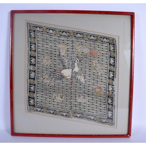 1744 - A CHINESE QING DYNASTY FRAMED SILK RANK BADGE depicting a bird in flight. Silk 30 cm square.