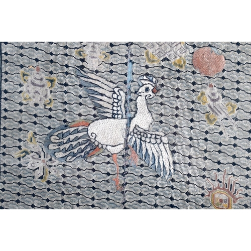 1744 - A CHINESE QING DYNASTY FRAMED SILK RANK BADGE depicting a bird in flight. Silk 30 cm square.