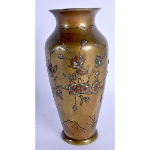 1750 - A 19TH CENTURY JAPANESE MEIJI PERIOD BRONZE AND COPPER VASE decorated with birds. 19 cm high.