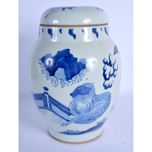 1753 - A 19TH CENTURY CHINESE BLUE AND WHITE JAR AND COVER Qing, Transitional style, painted with buddhisti... 