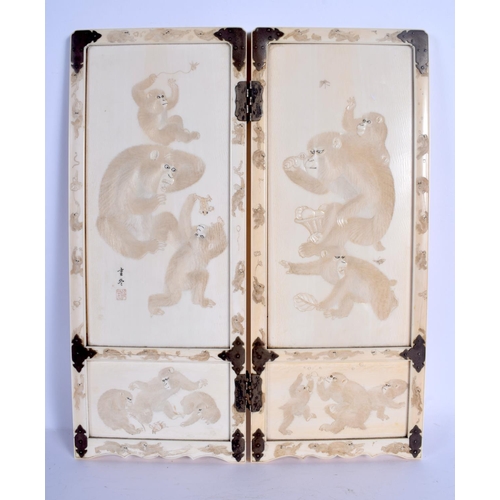 1758 - A LARGE 19TH CENTURY JAPANESE MEIJI PERIOD CARVED IVORY SCHOLARS SCREEN decorated with dragons among... 