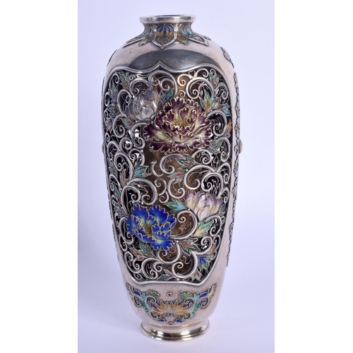 1768 - A MAJESTIC 19TH CENTURY JAPANESE MEIJI PERIOD SILVER AND ENAMEL RETICULATED VASE decorated with open... 