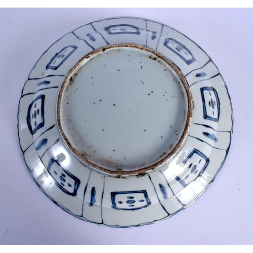 1771 - A 19TH CENTURY CHINESE BLUE AND WHITE KRAAK DISH painted with ducks in a landscape. 38 cm diameter.