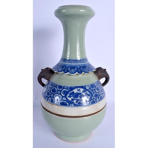 1782 - A 19TH CENTURY CHINESE BLUE AND WHITE CELADON TRI COLOUR VASE Qing. 35 cm high.