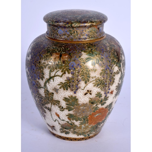 1794 - A LOVELY 19TH CENTURY JAPANESE MEIJI PERIOD SATSUMA TEA JAR AND COVER painted with butterflies and f... 