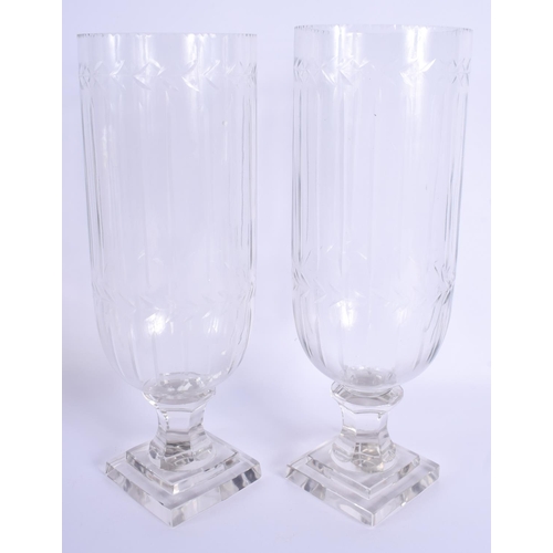 27 - A LARGE PAIR OF ANTIQUE CELERY GLASS VASES. 35 cm high.