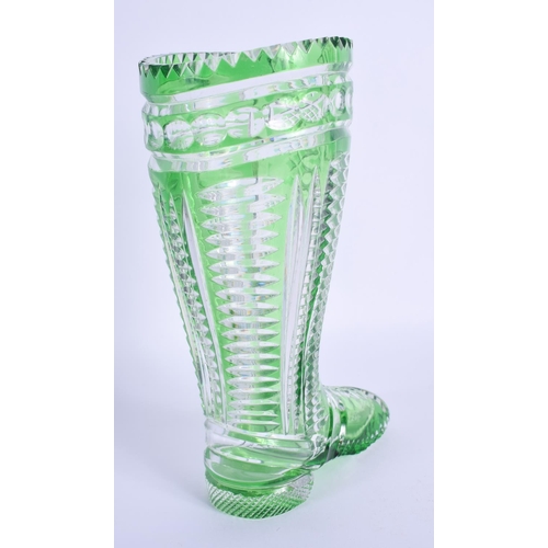 31 - A VINTAGE BOHEMIAN GREEN GLASS BOOT VASE. 20 cm high.