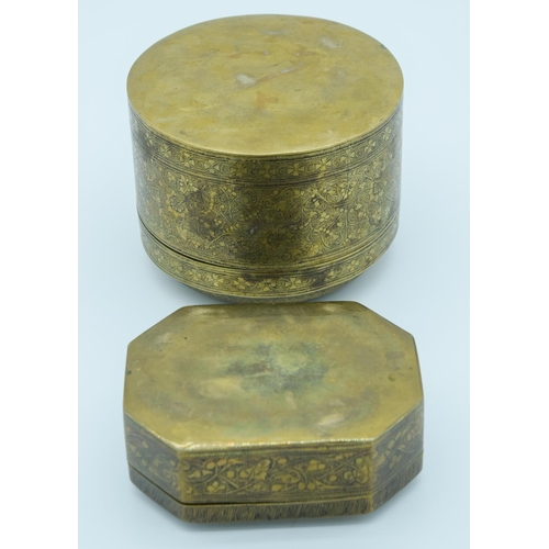 4008 - Two Indian 19th century engraved brass boxes largest 9.5cm x 13 cm. (2)