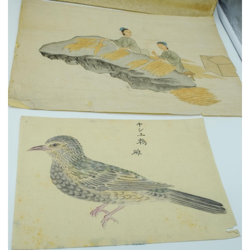 4012 - Collection of Chinese watercolours and silks largest 36cm x 29cm (6)