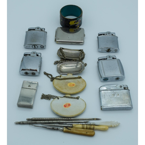 4027 - Collection of  Lighters, button hole threaders and decanter labels Qty.