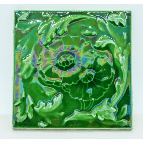 4068 - Three Green Glaze Tiles in a floral pattern 15 x 15cm (3).