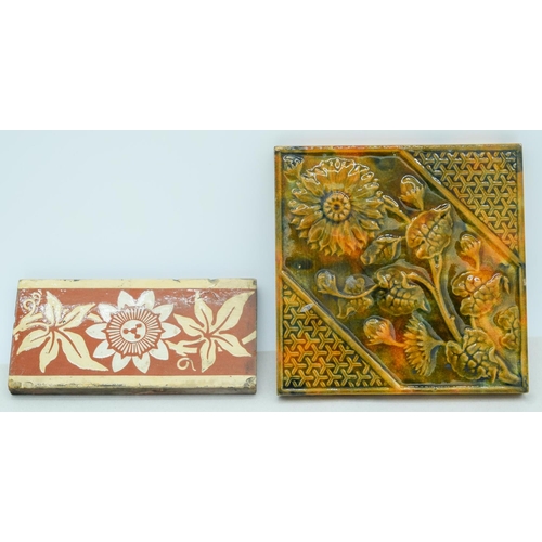 4073 - Three Victorian Steele and Wood tiles and two Majolica tiles 15 x 15cm (5).