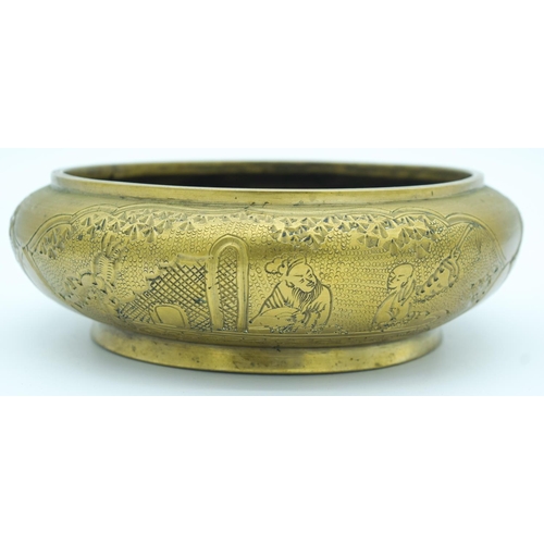 4135 - A  19th C Chinese bronze censer with Xuan De decorated with figures in landscape 21 x 7cm