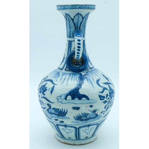 4139 - A Chinese Yuan style blue and white twin handled vase 34 x 19cm.