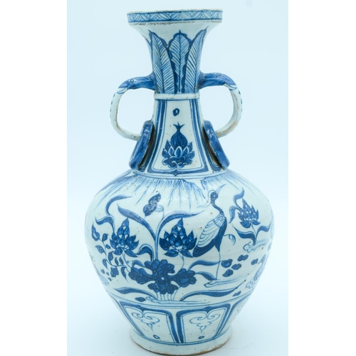 4139 - A Chinese Yuan style blue and white twin handled vase 34 x 19cm.