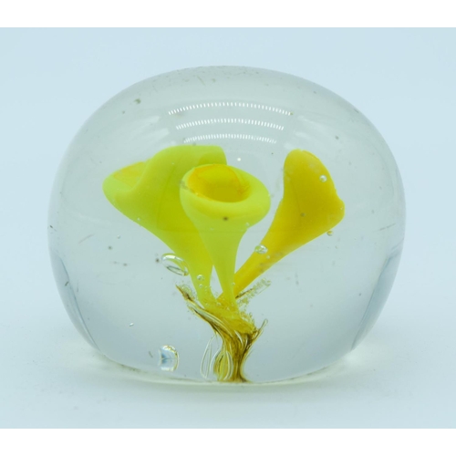 4153 - A Vintage Paperweight with a yellow trumpet swirl 6cm .