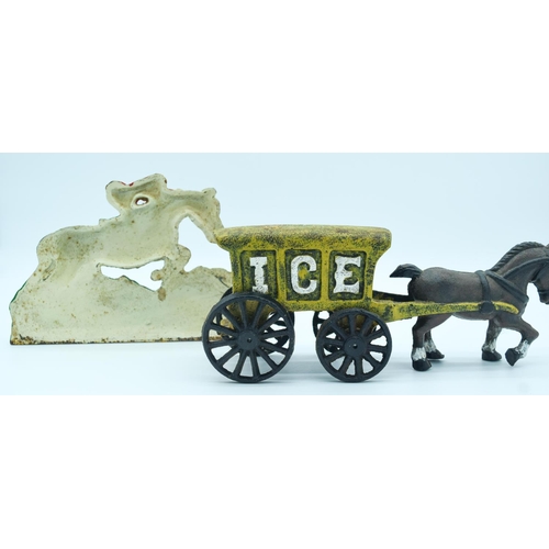 4167 - A vintage cast iron door stop depicting a hunting scene and a metal ice cart 15 x 21cm (2)