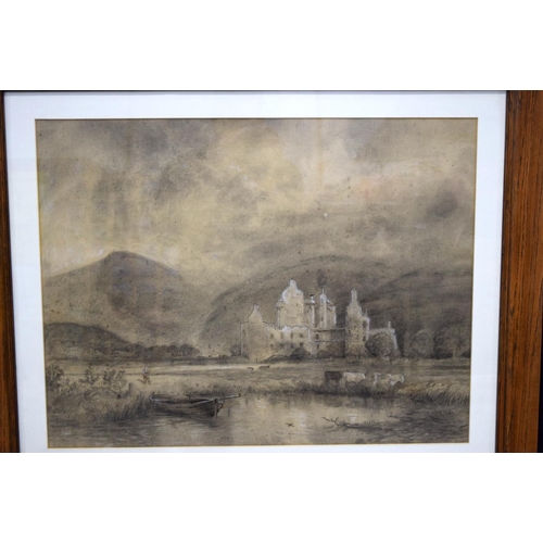 4181 - A large framed Charcoal and watercolour highland scene 70 x 54 cm.