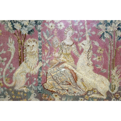 4197 - Framed tapestry of a Queen showing a standard and unicorn 94 x 56cm..