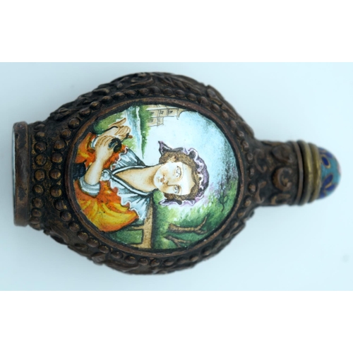 4205 - A metal snuff bottle with an enamelled painted picture of a woman 8 x 5cm.