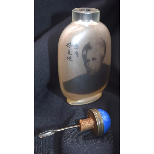 4222 - A Chinese glass snuff bottle with Calligraphy and a European figure 9cm.