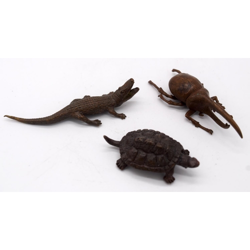 4243 - A Japanese small bronze turtle, together with a crocodile and a beetle largest  9cm (3)