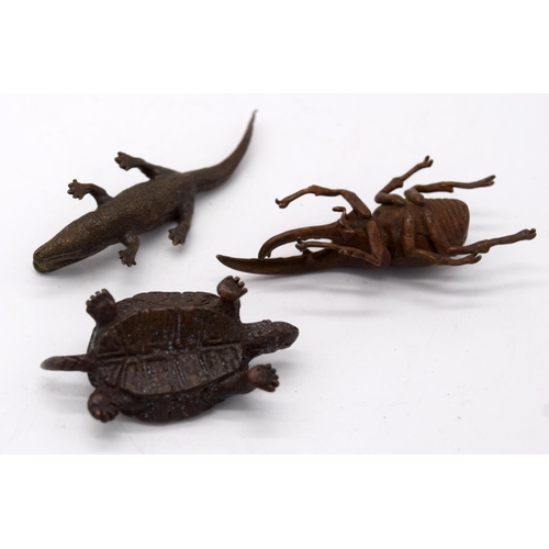 4243 - A Japanese small bronze turtle, together with a crocodile and a beetle largest  9cm (3)