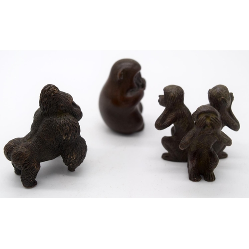 4249 - A Japanese small bronze figure of 3 wise monkeys together with a gorilla and monkey  6cm (2).