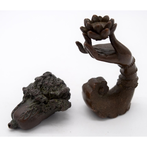 4256 - A Japanese small bronze Incense burner in the shape of a hand and a fruiting pod 7cm (2).