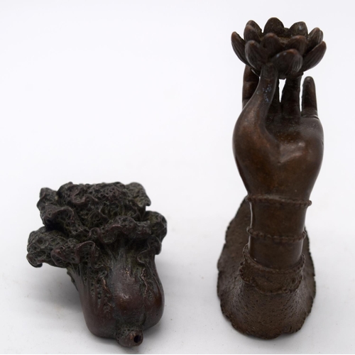 4256 - A Japanese small bronze Incense burner in the shape of a hand and a fruiting pod 7cm (2).