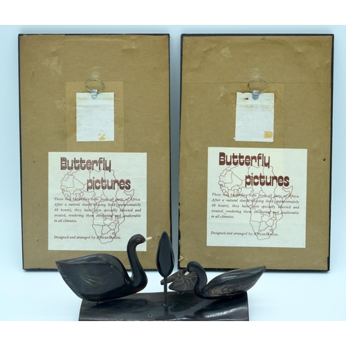 4268 - Two African Butterfly pictures and a horn sculpture of ducks 12 x 20.5 cm(3) .