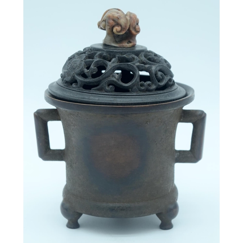 4278 - A 19th century bronze incense burner  with a carved wooden and soapstone lid 17 x 14cm