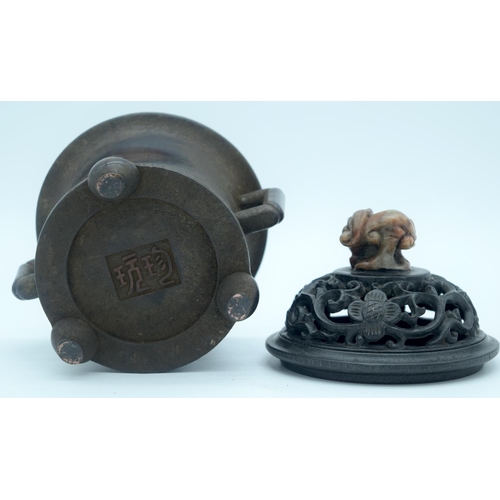 4278 - A 19th century bronze incense burner  with a carved wooden and soapstone lid 17 x 14cm