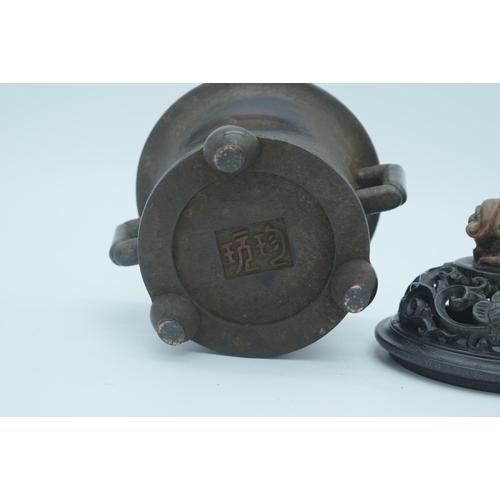 4278 - A 19th century bronze incense burner  with a carved wooden and soapstone lid 17 x 14cm