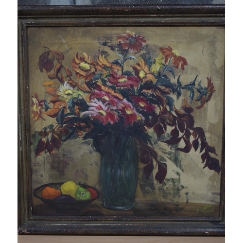 4299 - Framed oil an canvas of flowers together with an oleograph by Chialiva largest 72 x 59cm (2)