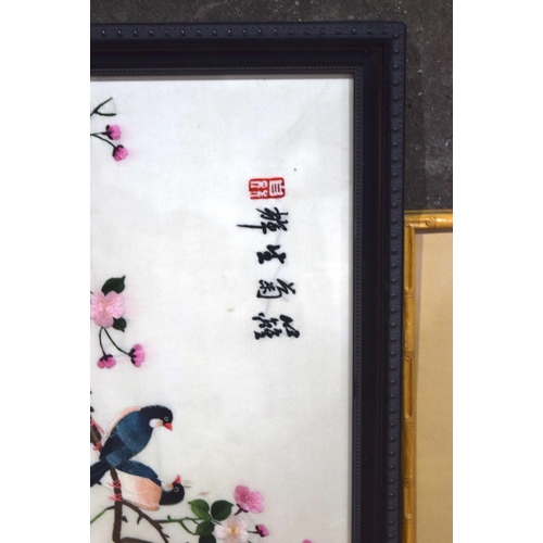 4305 - A framed Chinese silk depicting birds in foliage together with another Chinese picture. (2)