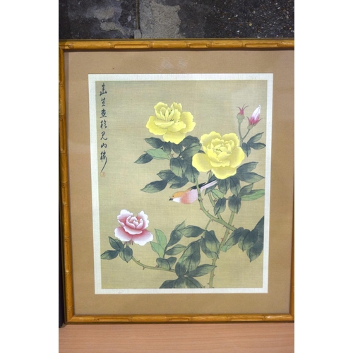 4305 - A framed Chinese silk depicting birds in foliage together with another Chinese picture. (2)