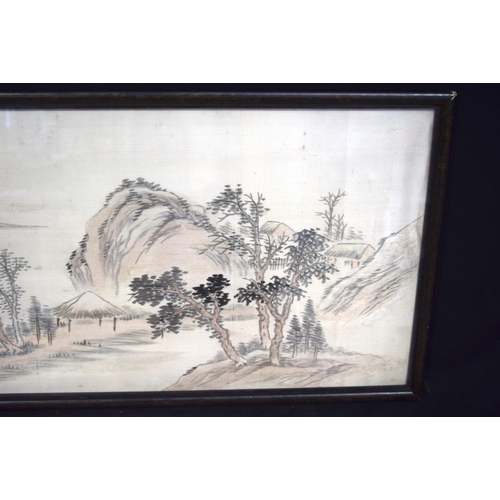 4309 - Framed Chinese silk village scene and lakes 31 x 78 cm