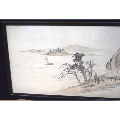 4309 - Framed Chinese silk village scene and lakes 31 x 78 cm