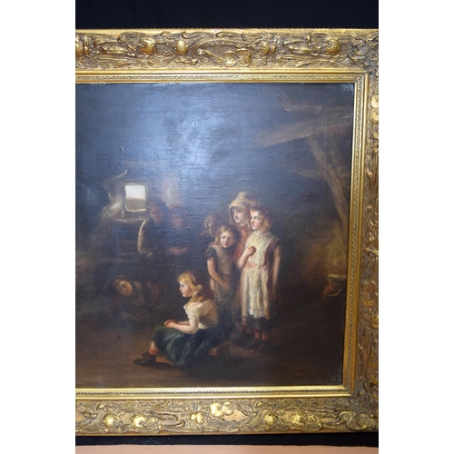 4313 - A Framed oil on canvas of a woman telling stories to Children 60 x 90 cm.