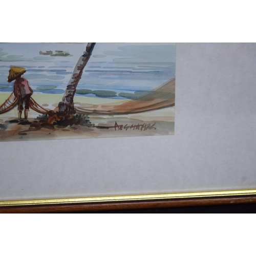 4315 - Framed watercolours of Fishermen in South East Asia 27 x 35cm (2).