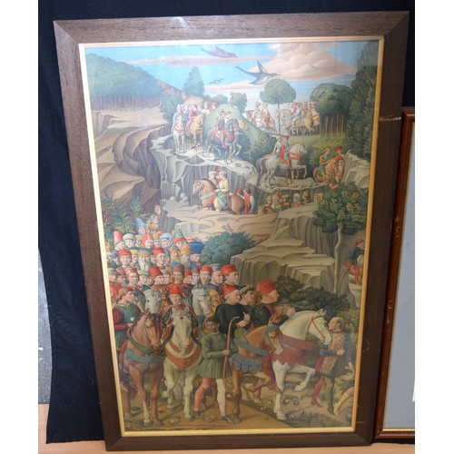 4333 - A framed Print of a mediaeval procession and another of an Peregrine  falcon  75 x 46cm